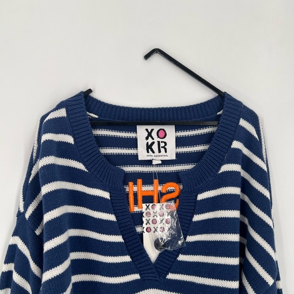 Kerri Rosenthal Knit Striped V Neck Embroidered Font Graphic Sweater Pullover - Picture 1 of 7